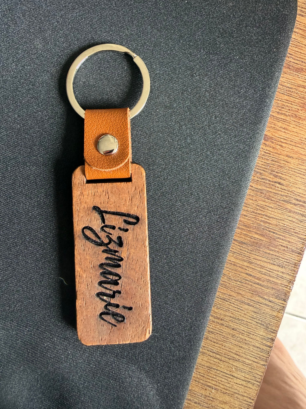 Custom Engraved Wood Keychain | Personalized Name Leather Strap Keyring