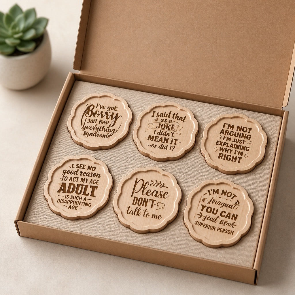 Funny Sarcastic Wood Coasters Set | Personalized Snarky Quote Gift