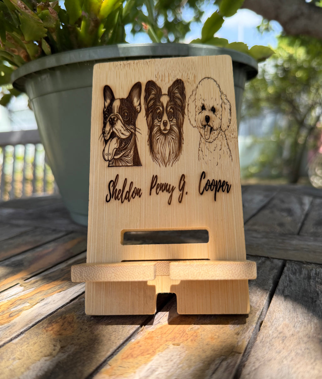Personalized CellPhone Stand, Custom Engraved Wood, Dog Cat Lover Gift, Handmade Puerto Rico