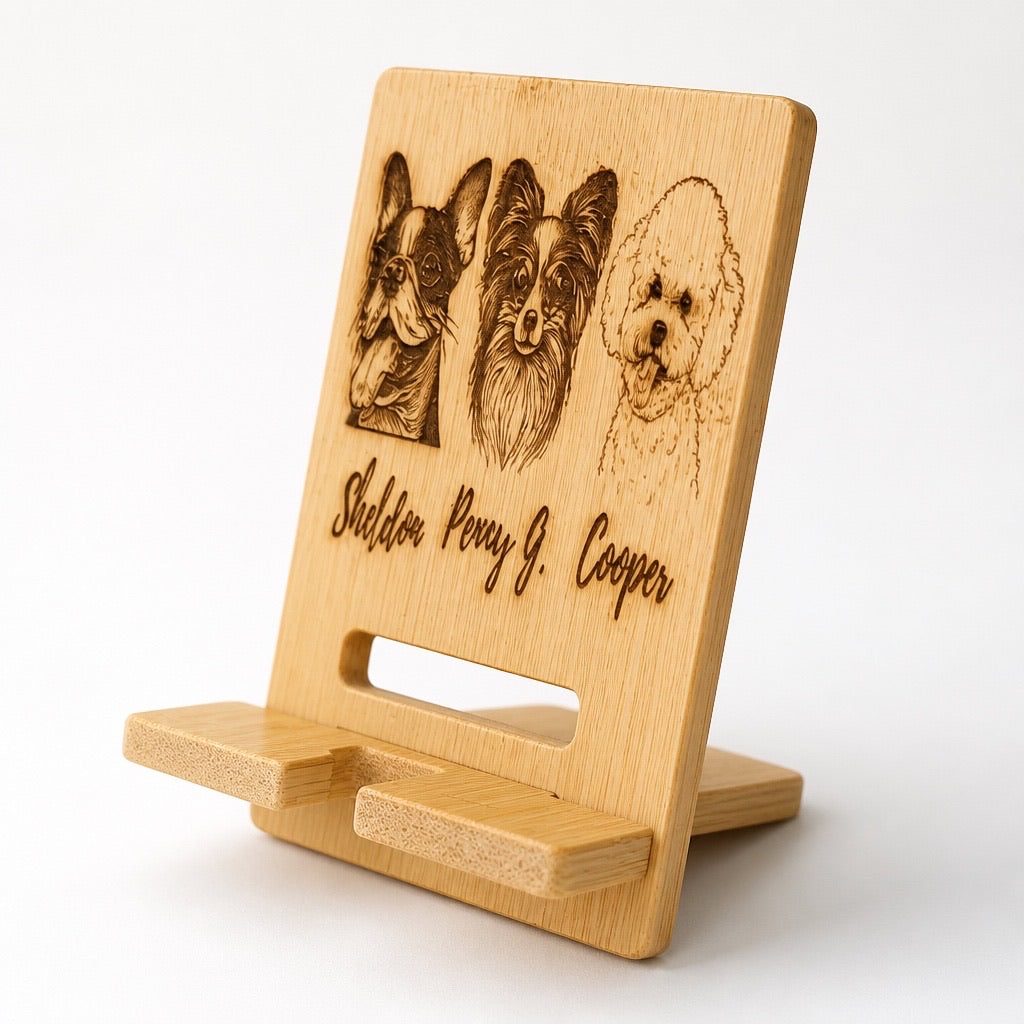 Personalized CellPhone Stand, Custom Engraved Wood, Dog Cat Lover Gift, Handmade Puerto Rico