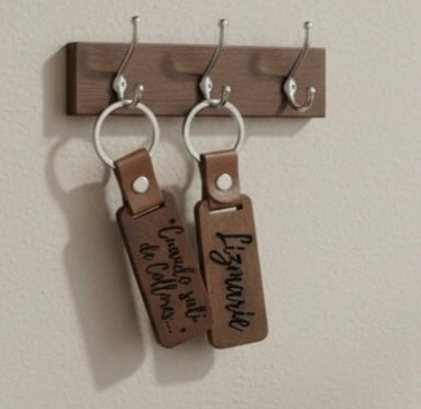Custom Engraved Wood Keychain | Personalized Name Leather Strap Keyring