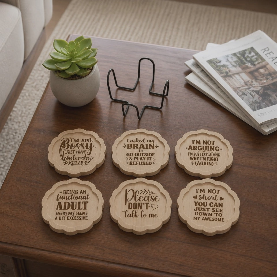Funny Sarcastic Wood Coasters Set | Personalized Snarky Quote Gift