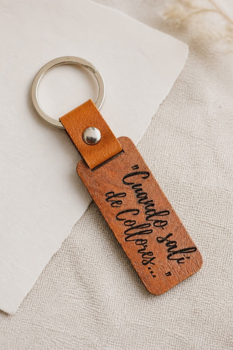 Custom Engraved Wood Keychain | Personalized Name Leather Strap Keyring